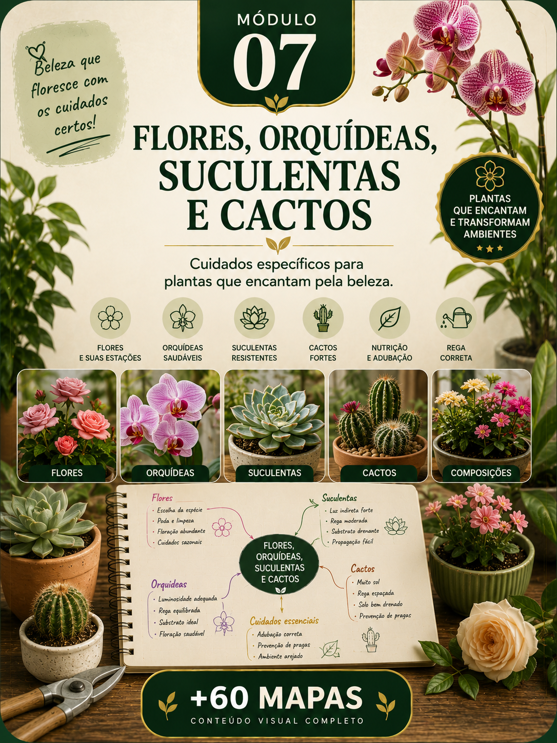 Capa do módulo 7 — Flores, orquídeas, suculentas e cactos